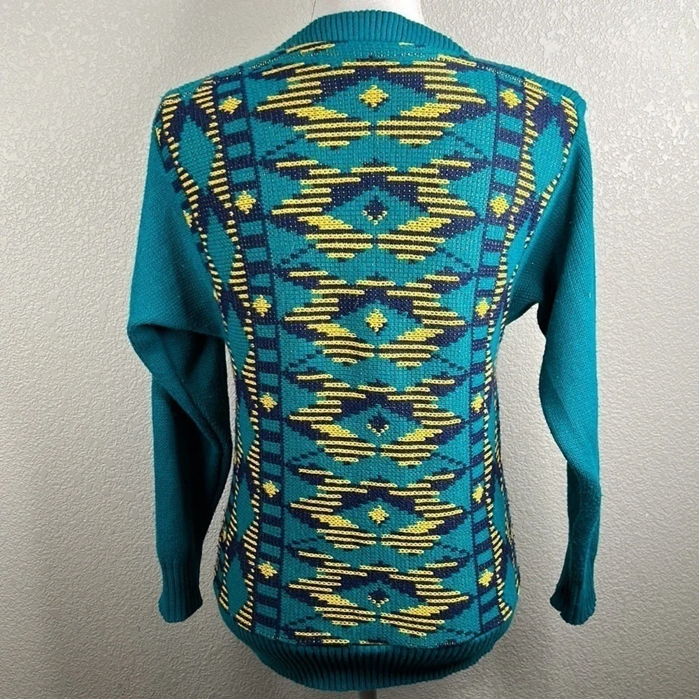 Aileen Vintage Turquoise Knitted V-Neck‎ Long Sleeve Grandpa Sweater Size Small